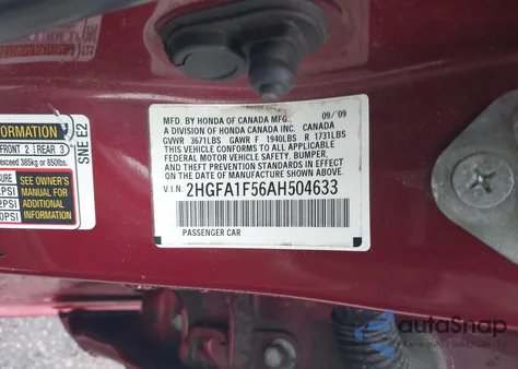 2010 Honda Civic Lx из США, поврежденный, VIN 2HGFA1F56AH504633